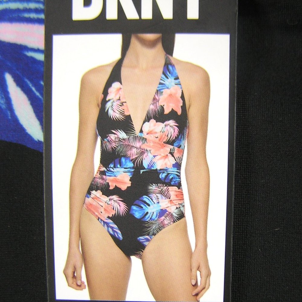 NWT DKNY ONE PIECE SWIMSUIT/MEDIUM HALTER FLORAL - Picture 2 of 7